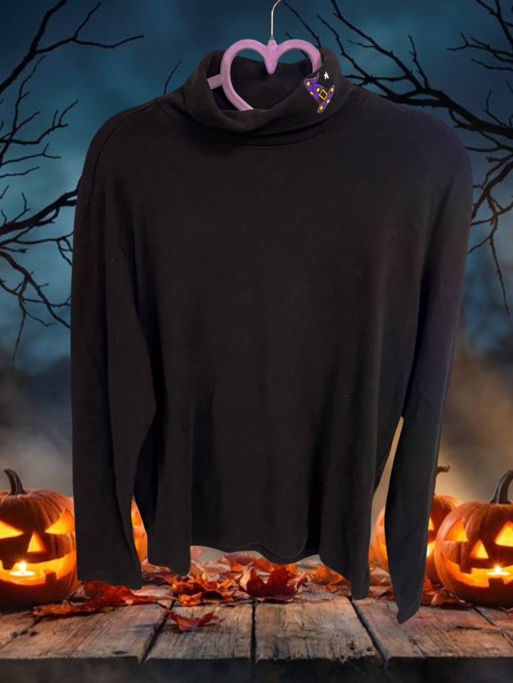 Vintage Holiday Editions black turtleneck shirt with Halloween witch hat